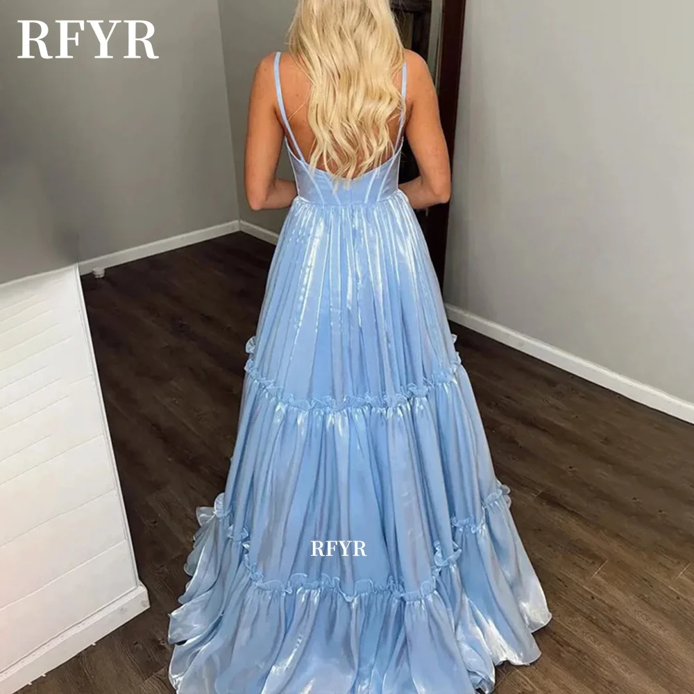 

Синее выпускное платье RFYR с V-образным вырезом, вечернее платье А-силуэта с плиссировкой, элегантное платье феи для принцессы, на заказ