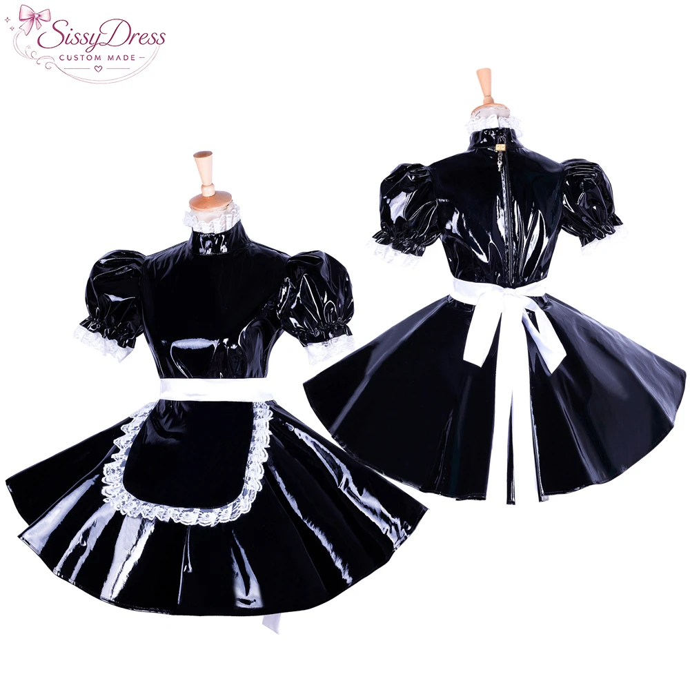

sissy dress sexy crossdressing sissy maid short lockable black heavy PVC dress Uniform apron costume[G1654]