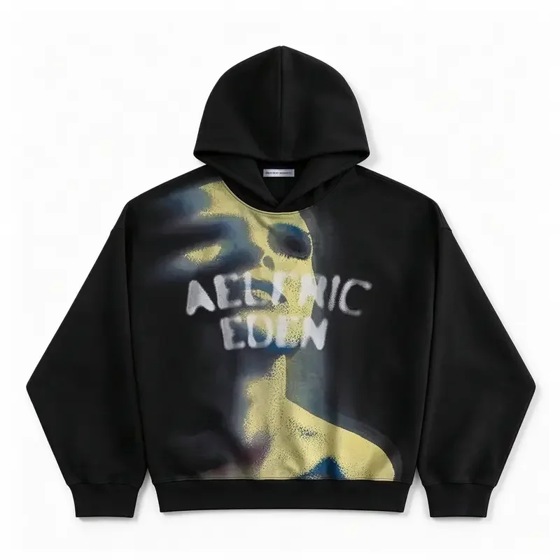 Sudadera con capucha de la marca Aelfric Eden para hombre, de corte holgado, confeccionada en algodón de alta calidad, de manga larga, con un diseño abstracto de retrato, estampado de figura distorsionada, ideal como prenda térmica para ropa informal de calle, para el regreso a clases, para comprar ropa para el regreso a clases, estilo «sohochic».
