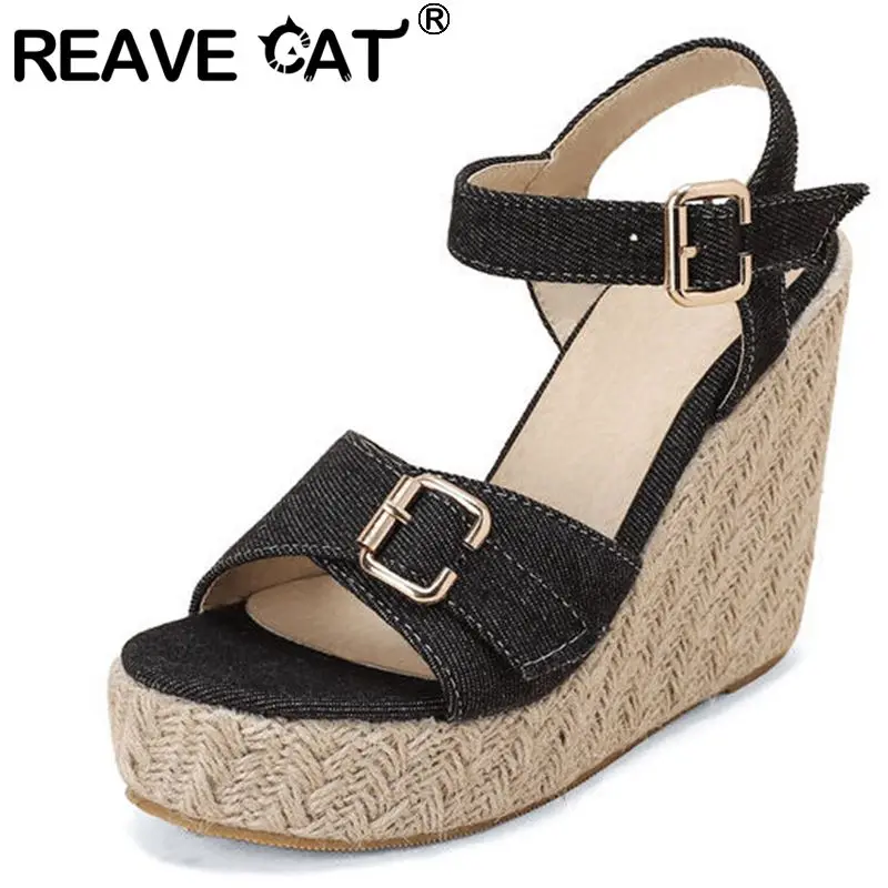 

REAVE CAT Ladies Esparddrilles Sandals Peep Toe Jute Wedges Denim Buckle Straps Plus Size 30-48 Black Blue Leisure Summer S3616