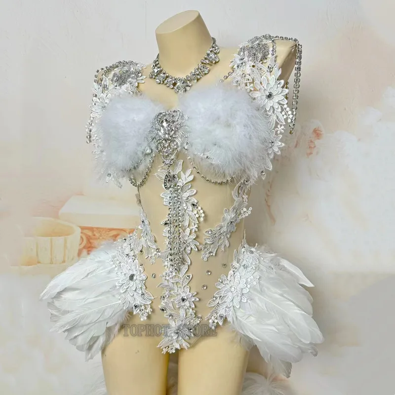 White Feather Rhinestones Bodysuit Sexy Transparent Stage Wear Carnival Party Bar Dancer Performance Clothes Drag Queen Costume