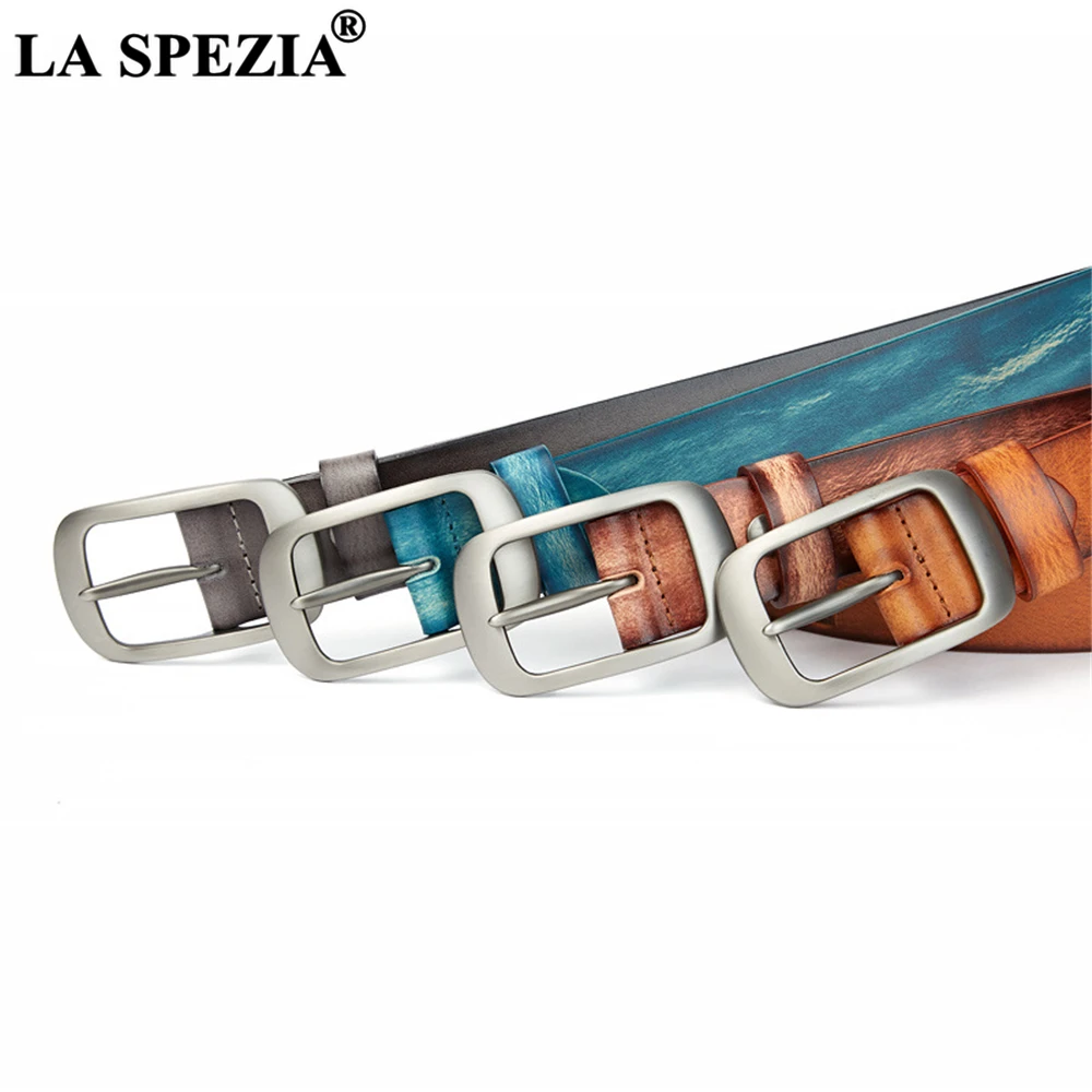 LA SPEZIA Blue Genuine Leather Women Belt Casual Buckle Waist Belts Women High Quality Brand Autumn Ladies Accessories Belts