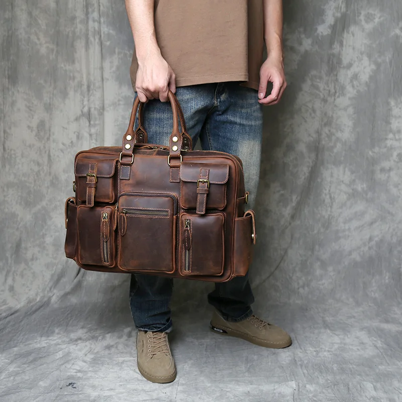 New Men's Retro Trendy Layer Leather Handbag Genuine Leather Computer Bag Postman Business Crazy Horse Leather Briefcase