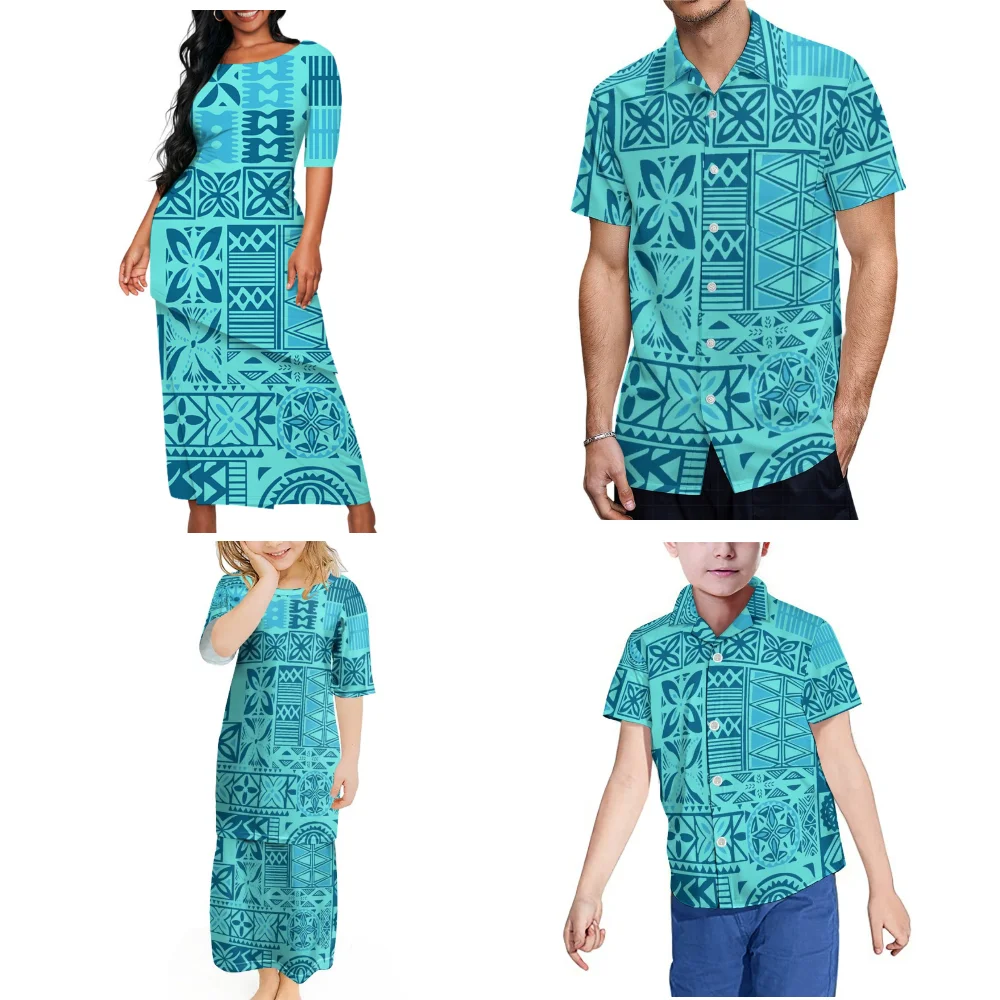 Samoa Hibiscus Flower Design Nuovo Family Party Abbigliamento Polinesiano Stampato Tribù Donne Ragazze Puletasi Vestito Gonna Uomo Ragazzi Camicia
