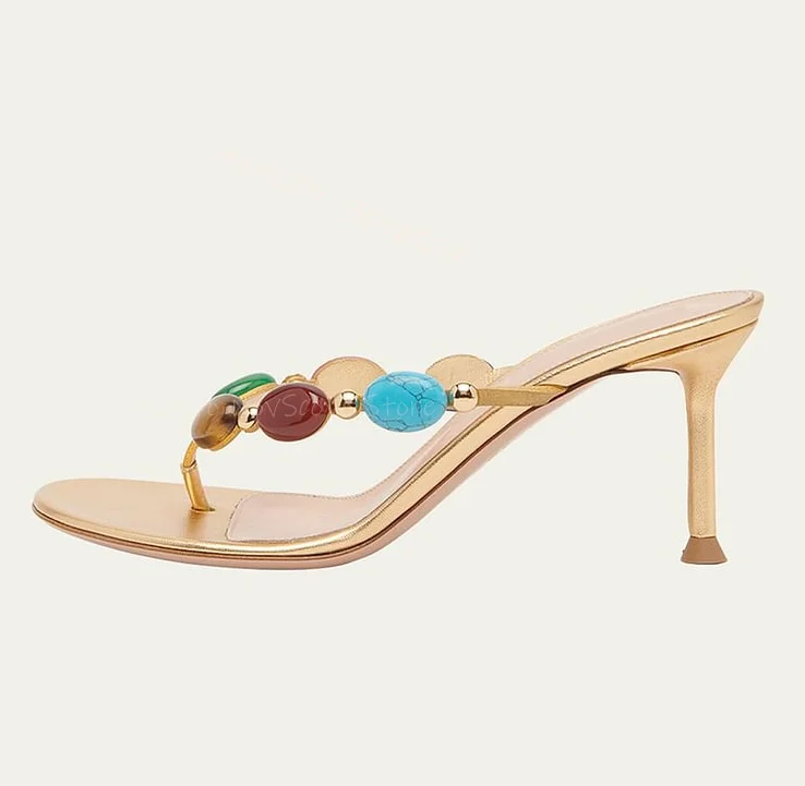 Gold Open Toe Multi-Color Stone Decorative Straps Heels Slippers Slip On Vintage Flip Flops Sexy Women Dress Summer Daily Sandal