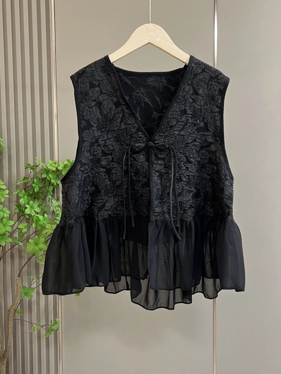 

New Chinese Style Women's Vest Fashionable Small Size Spring Autumn High End Jacket Top Button Plaid Regular Length V-Neck