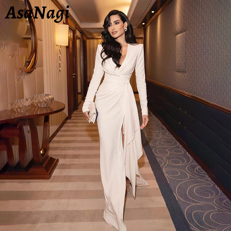 

AsaNagi Sexy V Neck Evening Gown Women's Long Sleeve Party Prom Dress Mermaid Floor Length Side Slit Formal Occasion Dresses