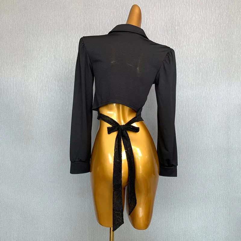 New Latin Dance Tops Women Black Long Sleeves Shirt Short Style Practice Tops Rumba Cha Cha Dance Clothing Training Wear NV19885