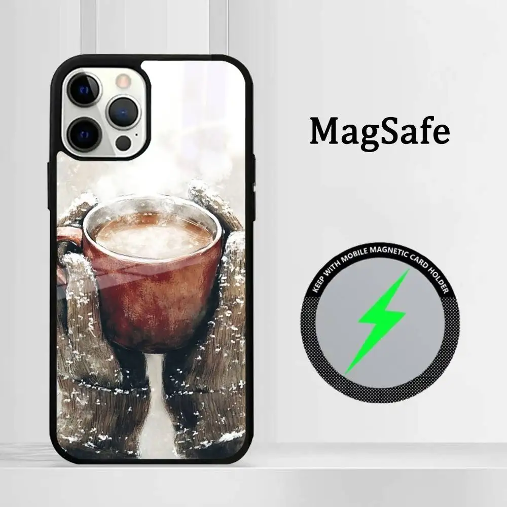 

Winter Style Coffee Phone Case Magnetic Glass Phone Case For Iphone 16 15 14 12 11 13 Pro Max Mini Puls Cover