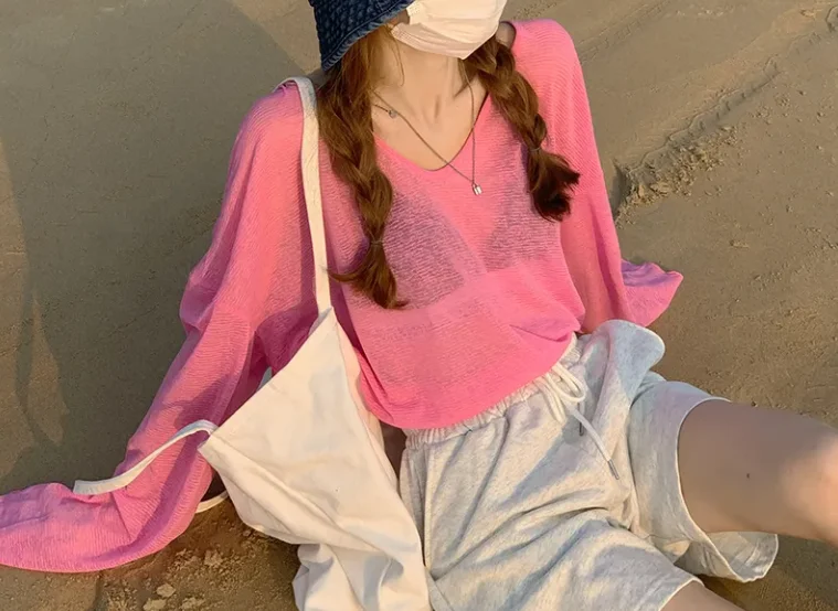 Sexy Transparent Top Solid Color V-Neck Long Sleeved Loose Long Sleeved T-Shirt Top for Women's Summer Beach Sunscreen Shirt Top