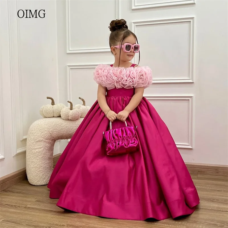 

OIMG Hot Pink A Line Flower Girl Dresses Flowers Off The Shoulder Wedding Party Dress Floor Length Birthday Dress Customized