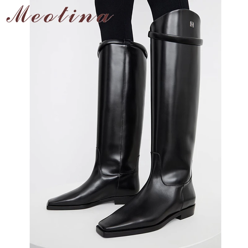 Meotina Women Genuine Leather Knee High Boots Square Toe Flats Concise Design Long Boots Ladies Fashion Shoes Winter Black 42