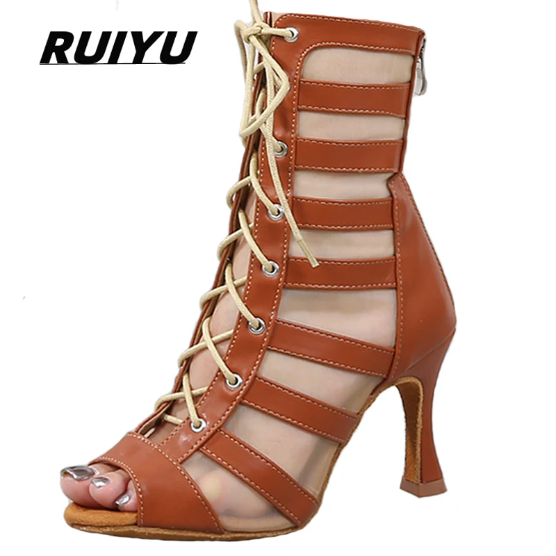 Latin Dance Shoes Women's Salsa Tango Ballroom Party Women's Boots Brown Breathable High Heel Girls Dance Sneakers Outdoor