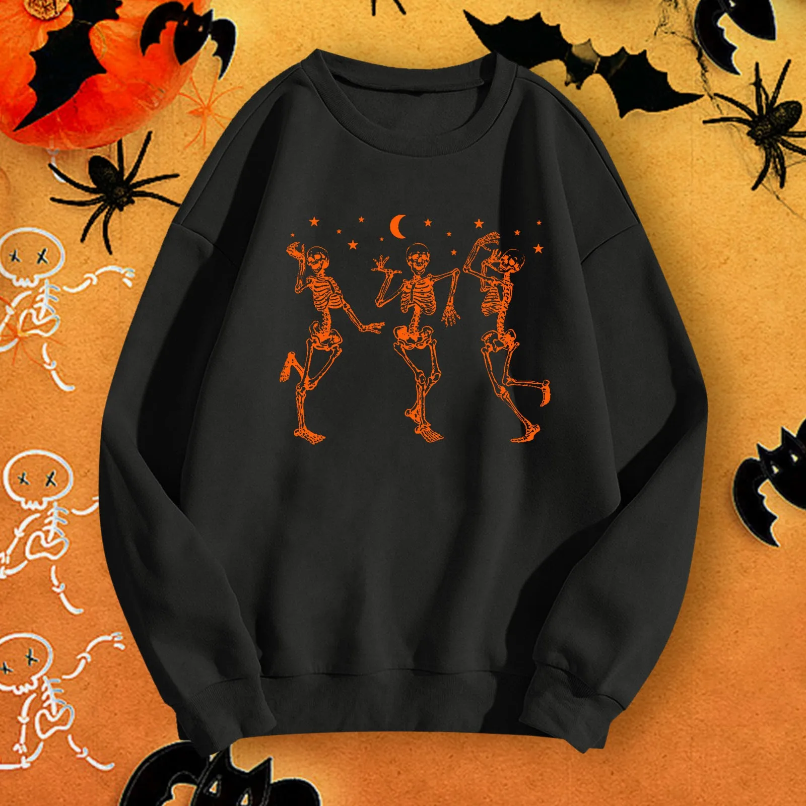 Women's Halloween Winter Simple Dancing Human Skeleton Printed Crew Neck Long Sleeved Solid Color Hoodie Pullover Hoodie Top