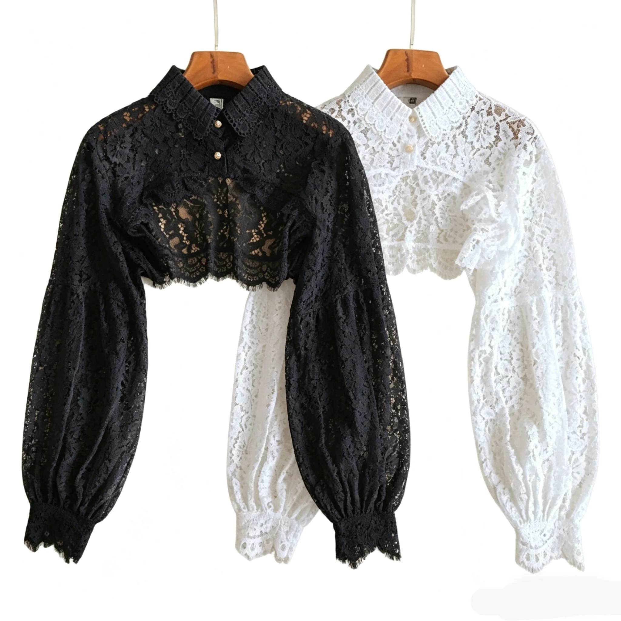 

Fake Collar Long Lantern Sleeve Detachable Dickey Blouse Lace Half Shirt Blouse False Collar Crop Top for Women