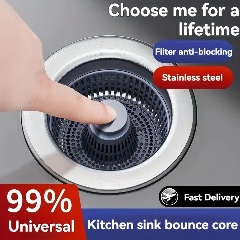3 in 1 Kitchen Sink Drain Strainer and Stopper Combo, Stainless Steel Pop Up Kitchen Sink Stopper, Sink Drain Strainer for Stand
