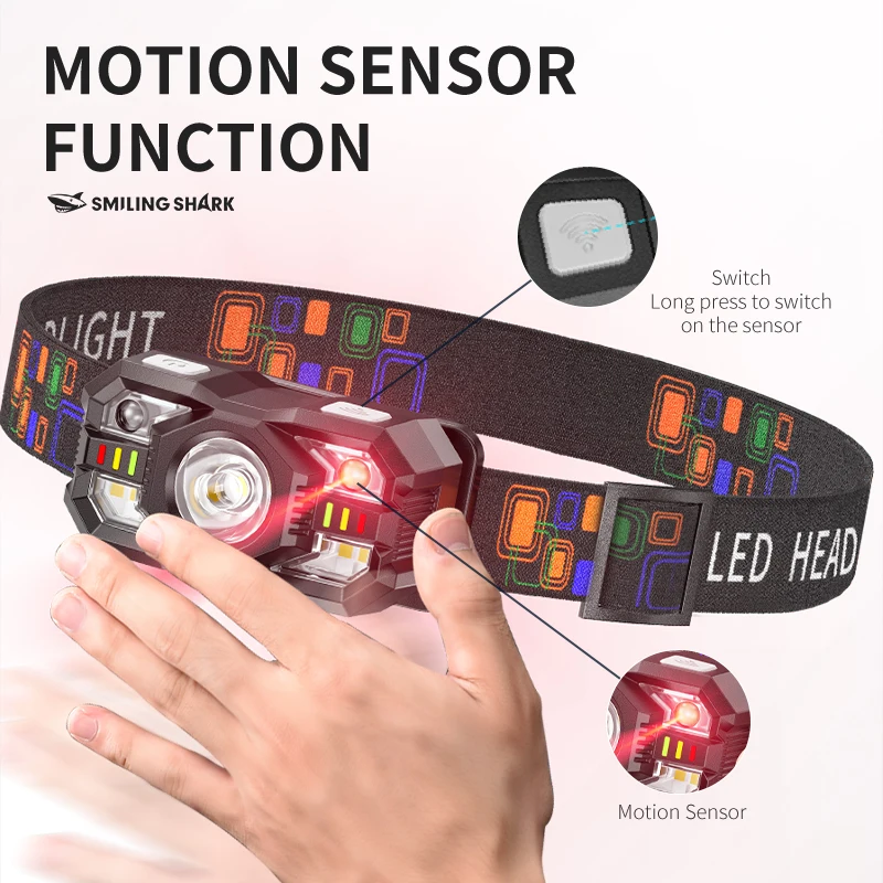 1PC SmileShark Sensor Scheinwerfer Wiederaufladbare LED Scheinwerfer Super Helle 5 Modi Headset Licht Geeignet für Outdoor Angeln TD-0168