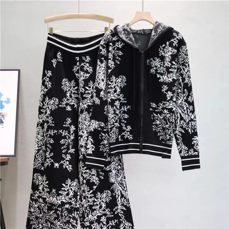 2023 New Autumn Women\'s Clothes Vintage Printing Knitted suit High Street Casual Sports Fashion 2 Piece Sets Women Outfit