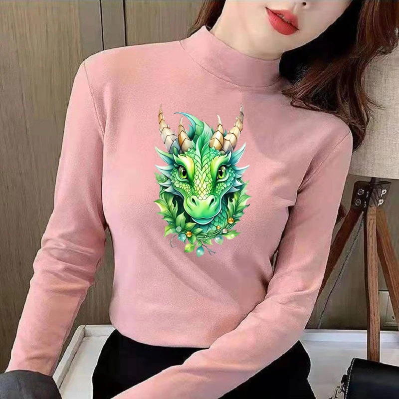 Winter Women's Thermal Brushed Fleece Half Mock Neck Long Sleeve T Shirt Green Dragon Head Leaves Graphic Warm Tee
