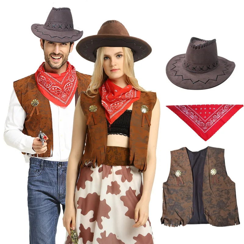 Ensemble de costume de cowboy 3 pièces avec chapeau, bandana et gilet, tenue de style western pour Halloween et fêtes à thème