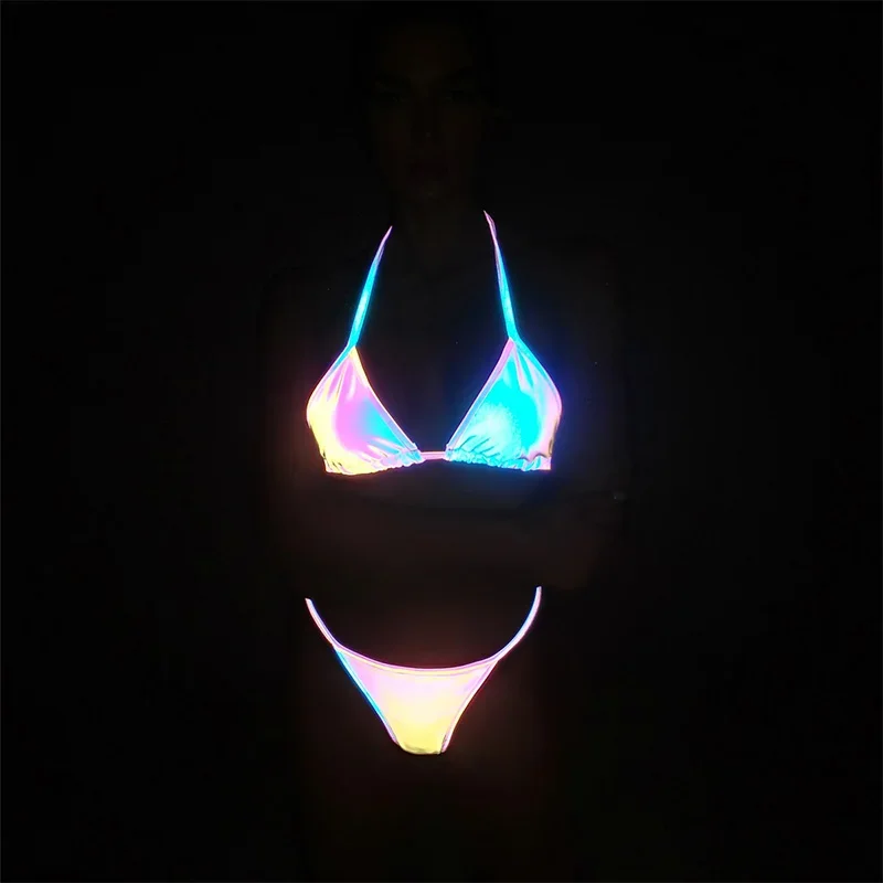 

2023 Colorful Fashion Reflective Bikini Sexy Banding Split-Body Monokini Swimwear Beach Swimsuit Bathing Suits Nighttime Glowing