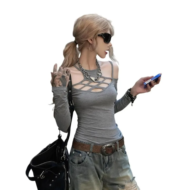 

Дизайнерская однотонная футболка с длинными рукавами и полым воротником на шее, осень 2021, новый стиль, сексуальный топ для горячих девушек, пуловер