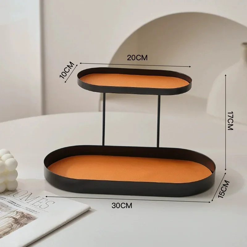 صينية مزدوجة لسطح المكتب المنزلي الإبداعي، صندوق تخزين مستحضرات التجميل والمجوهرات المعدنية السوداء، رف العطور، رف مفاتيح الشرفة