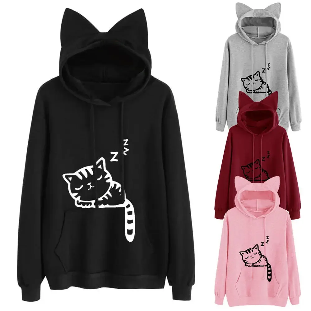 

Long Sleeve Hoodies Sweatshirt For Women Cute Cat Print and Ear Kangaroo Pocket Drawstring Hooded Jogger Pullover Tops