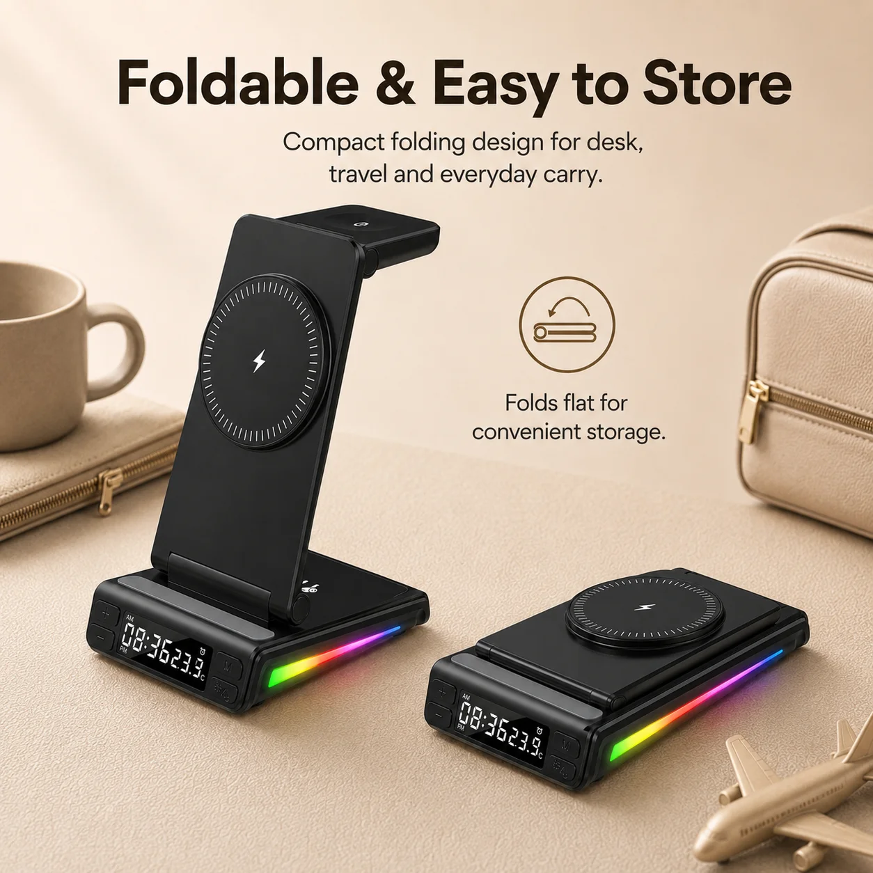 15W Magnetic Wireless Charger, 5 in 1 Foldable Charging Station with Clock RGB Light for iPhone, Android Phones, Watch, Earbuds - view 6