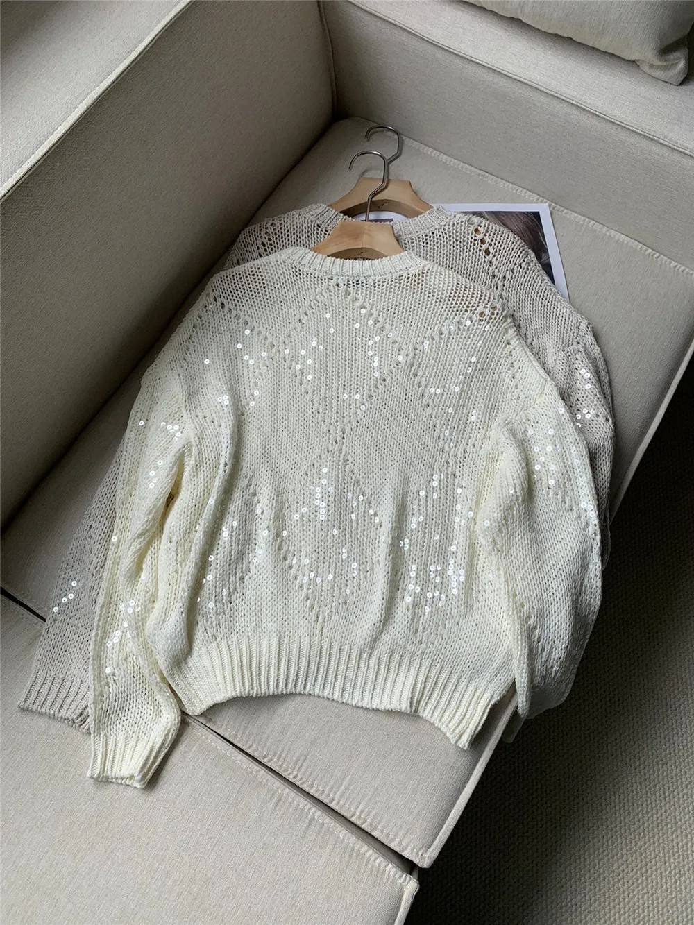 Sequins Decorated Knitted Sweater Hollow cotton linen Blended Pullover Top