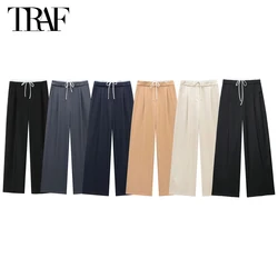 TRAF High Waist Baggy Pants Woman Pleated Wide Leg Pants for Women 2024 Summer Casual Women's Pants Holiday Tied Woman Trousers