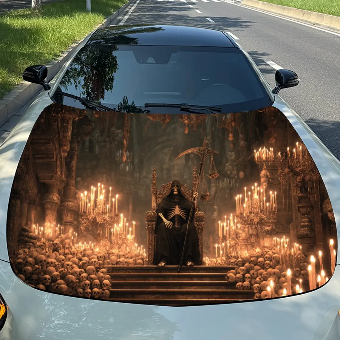 

Dark Hall Reaper with Candle Glow Skull Formation Car Vinyl Wrap, PVC Material Waterproof Car Hood Sticker, Self-Adhesive Scratc
