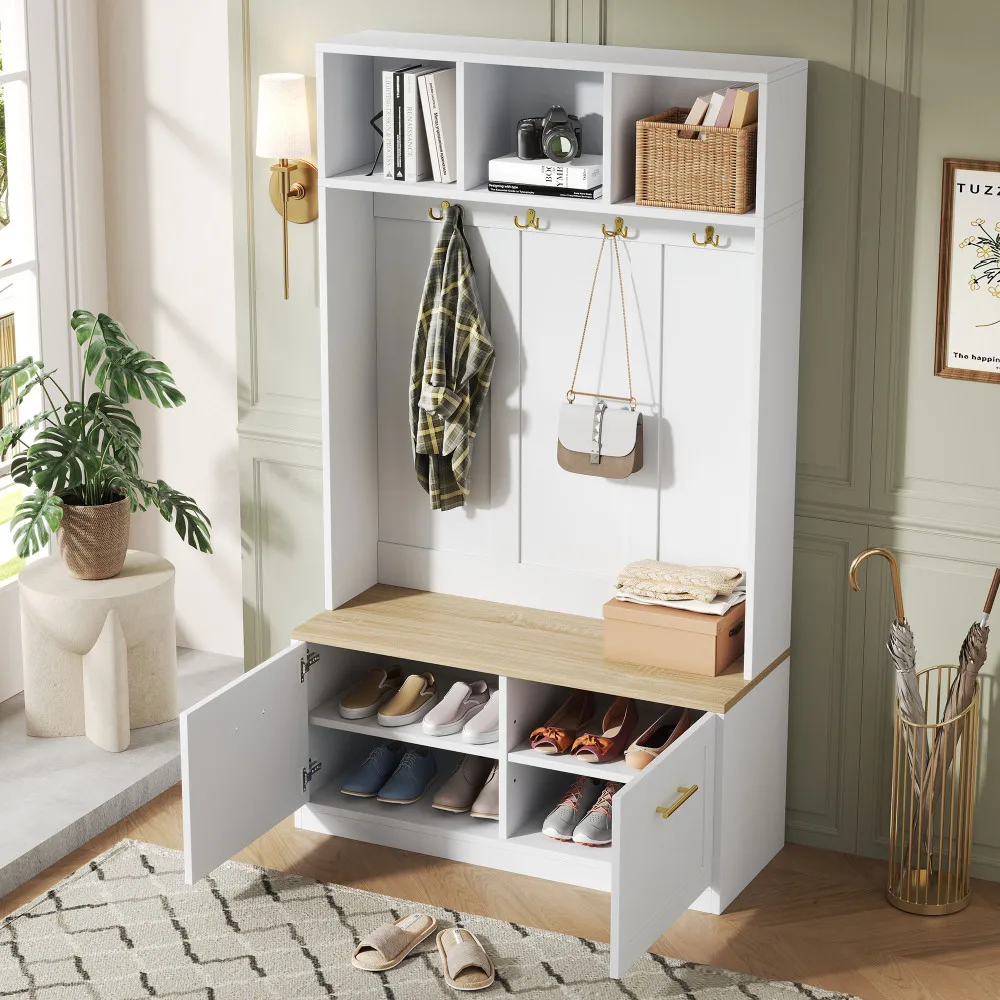 PINGGO Naturweißes Kompaktes Kleiderschrank-Set mit Sitzbank 2 Türen Offene Aufbewahrung 4 Haken 105x40x180cm – Detail 5