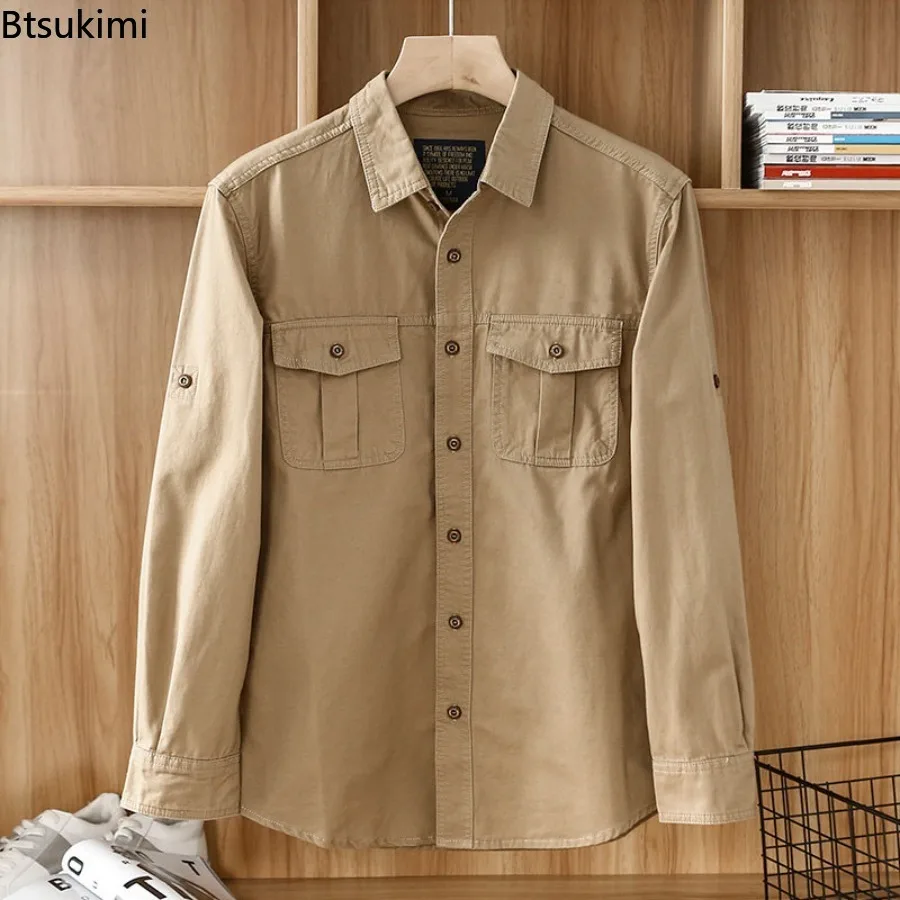 

New Men's 100% Cotton Work Uniform Solid Long Sleeve Cargo Shirt Man Double Pockets Outdoor Casual Youth Shirt Jacket Thin Coats