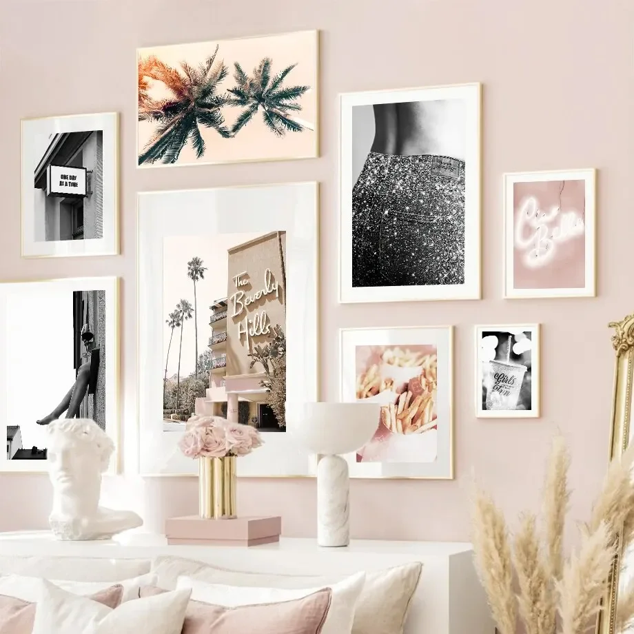 Coconut Tree House Artwork Shimmering Jeans Girl & Fries Design Canvas Nordic Style Wall Pictures for Living