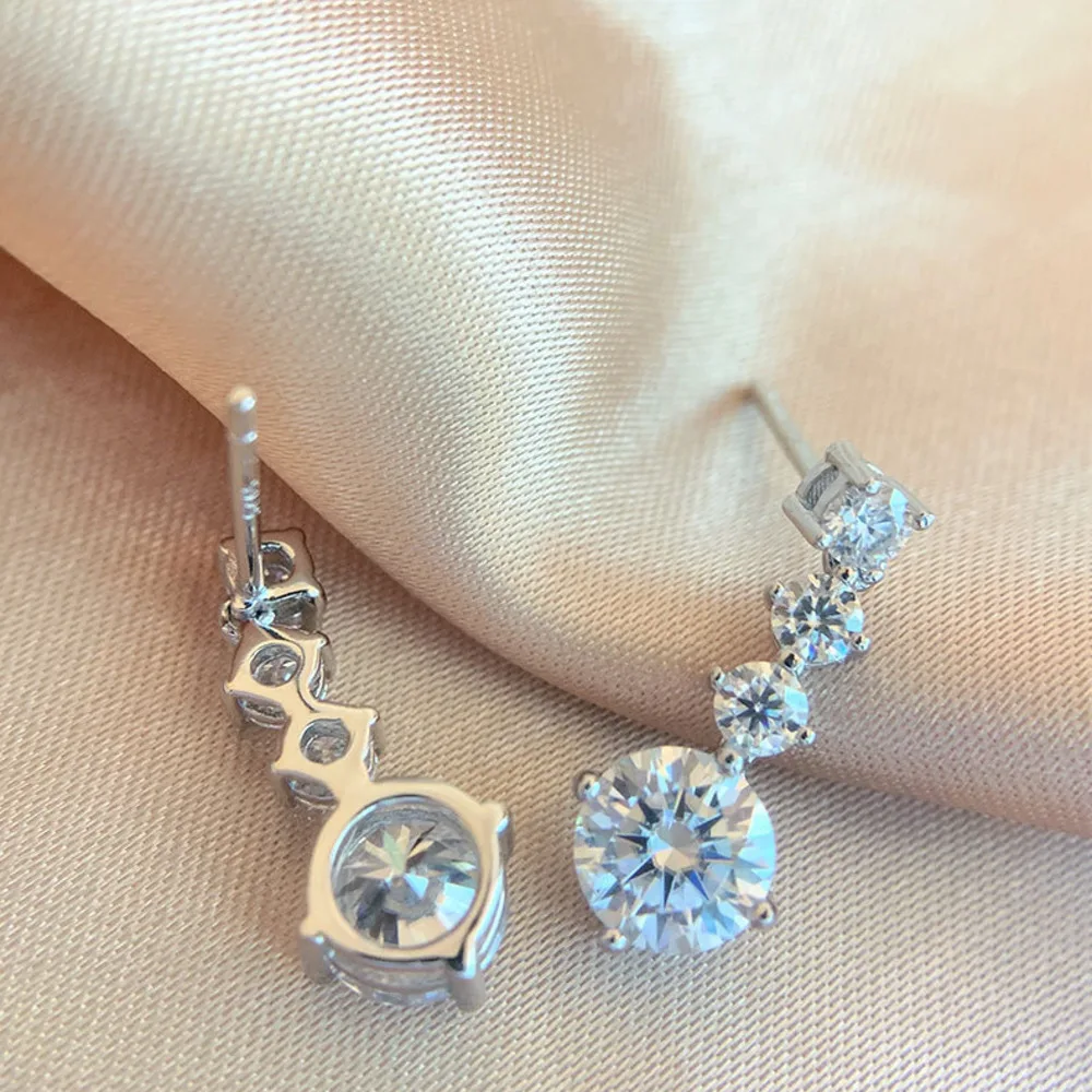 925 Sterling Silver 1CT Round Cut Moissanite Drop Earrings For Women Graduated Solitaire Dangling Fine Jewelry Wedding Gift