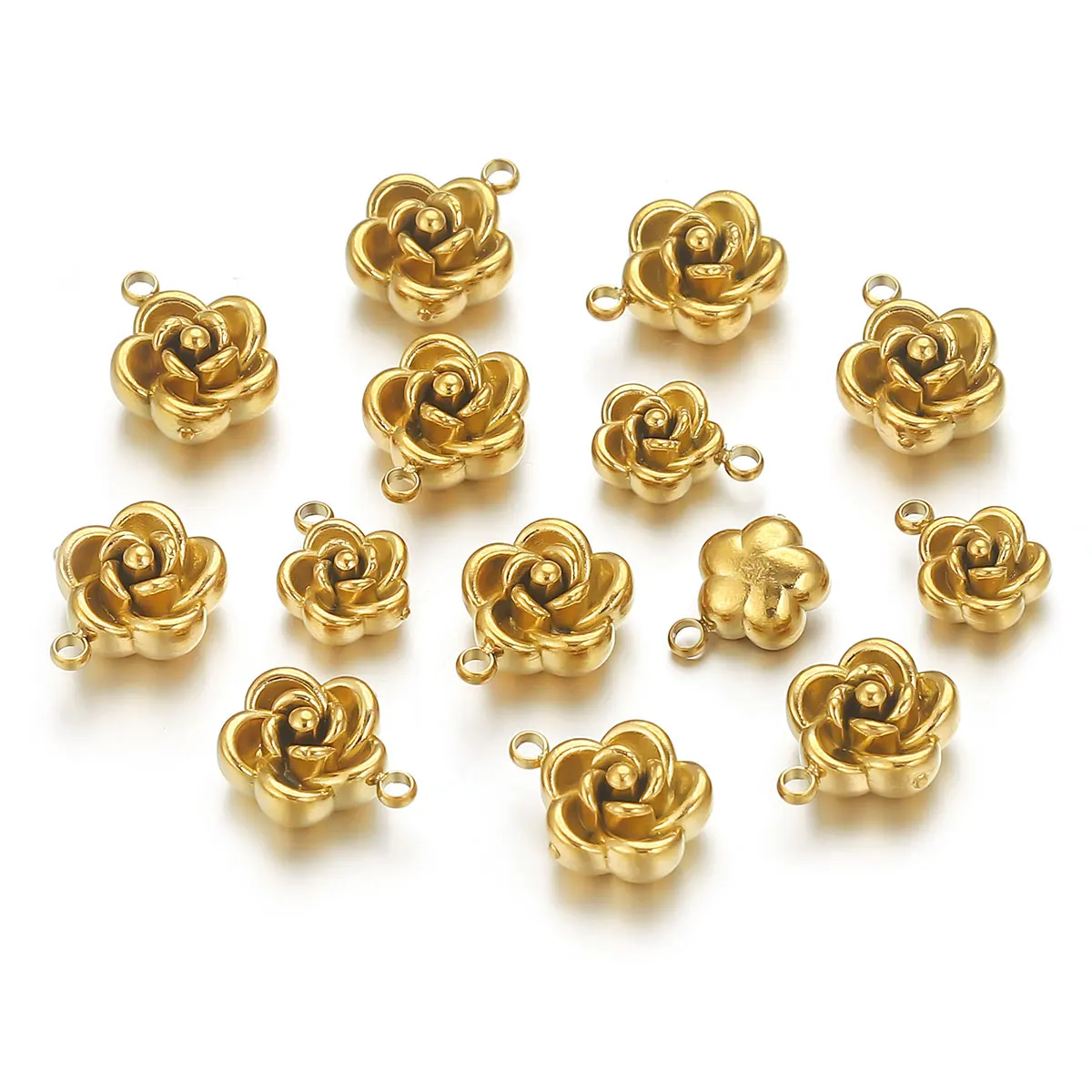 5pcs 8/10mm Stainless Steel Plated Gold 18k Rose Flower Charm Waterproof DIY Necklace Bracelet Earrings Jewelry Making Wholesale