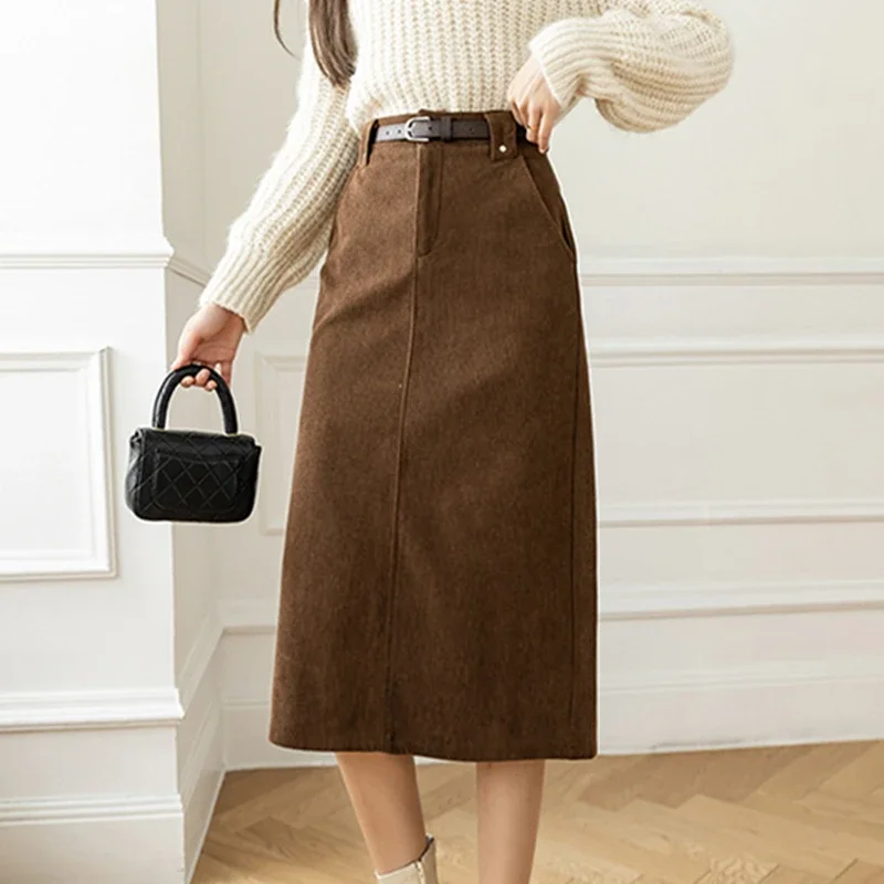 Women Korean mid-calf skirts Autumn fashion casual high waist A-line skirt ladies slim streetwear package hip skirts female