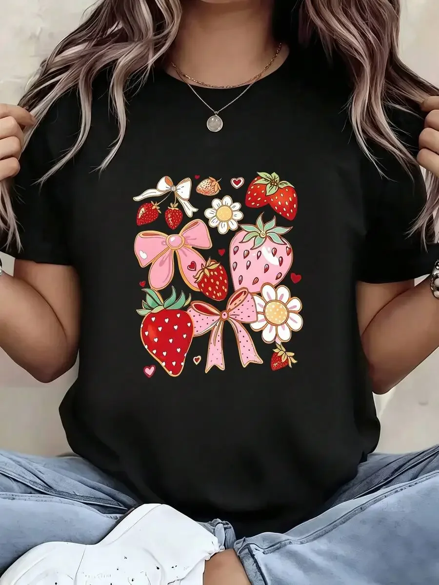 Summer Vibe Women Top Short Sleeve Crew Neck Strawberry Bow Flower Pattern Print Casual Women High Qaulity Fabric Selection Tee