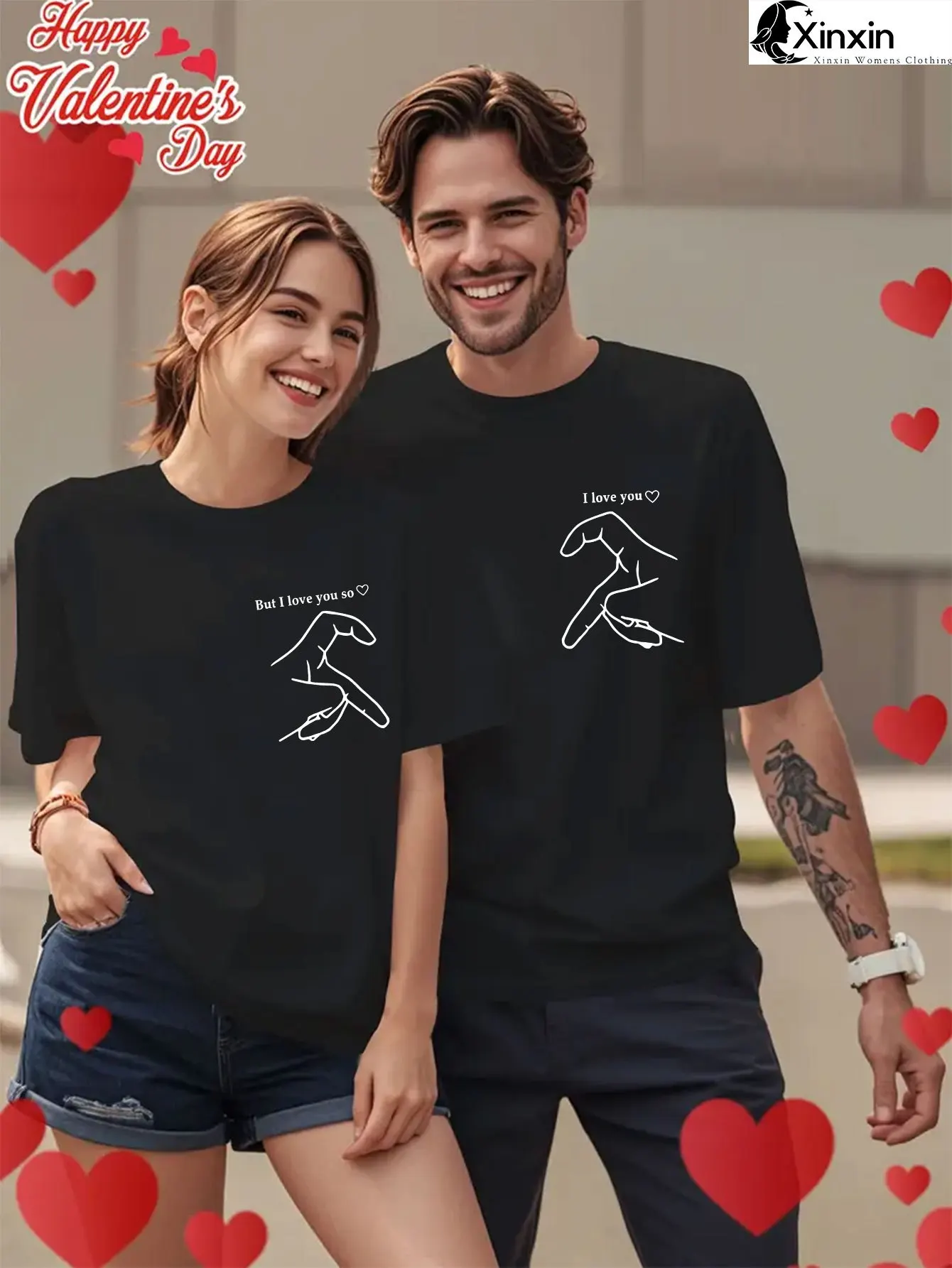 

2-Piece couple outfit "But I love you, I love you" letter pattern crew-neck casual short-sleeved T-shirt