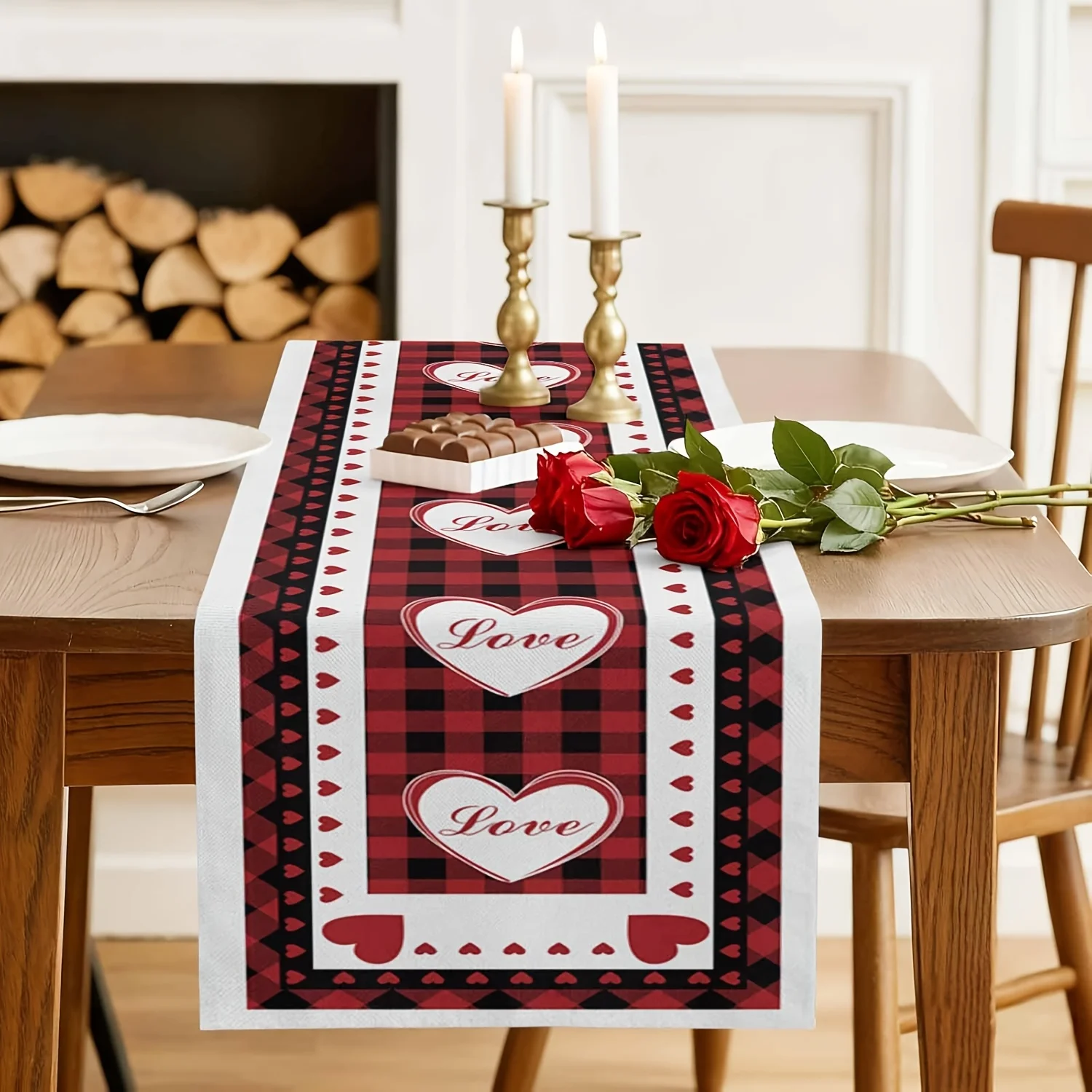 Valentine's & Mother's Day Linen Table Runner - Red Love Quote Black Buffalo Plaid Decor for Kitchen Dining Holiday Party