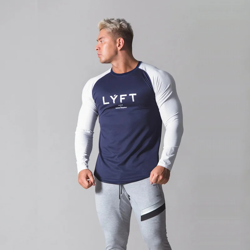 Sports fitness leisure quick dry long sleeve matching color shoulder bodice new bodybuilding T-shirt male trend