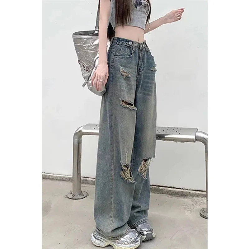 Adjustable Waist Vintage High Waist Wide Leg Jeans Women's Spring Summer Long Pants Straight Cut Trousers Casual Denim Skinnies