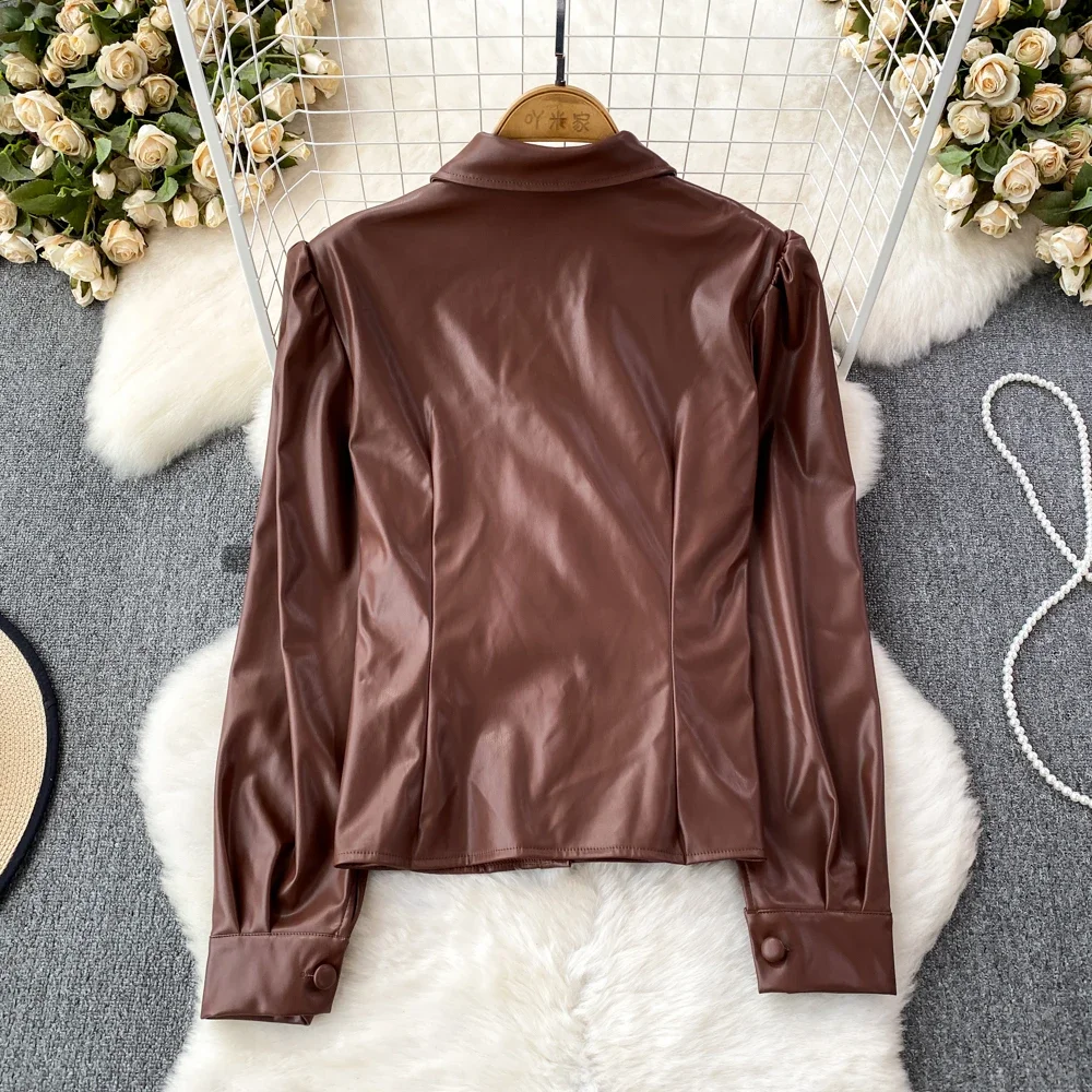 Nomikuma Autumn Winter Korean Long Sleeved Turn-down Collar Ruffle Edge Single Breasted PU Shirt Women\'s Casual Leather Top