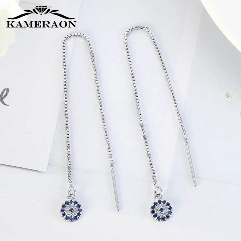 KAMERAON Long Chain Blue Evil Eyes Pendant Earrings 100% 925 Sterling Silver Cubic Zircon Tassel perforation Women Jewelry E0922