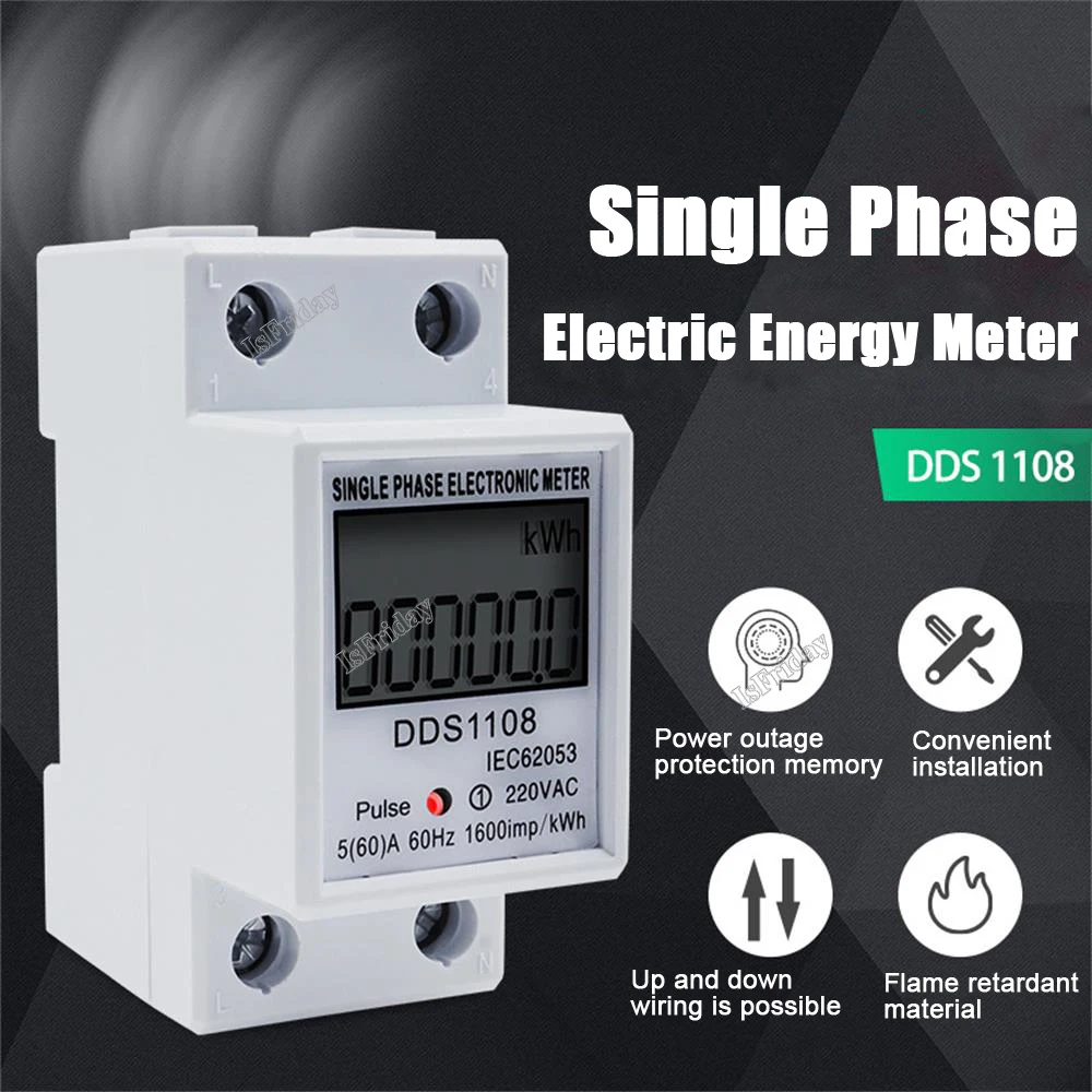 LCD Single Phase Electric Energy Meter KWH AC Digital Watt-Hour Meter 220V 60A 50Hz Electric Din Rail