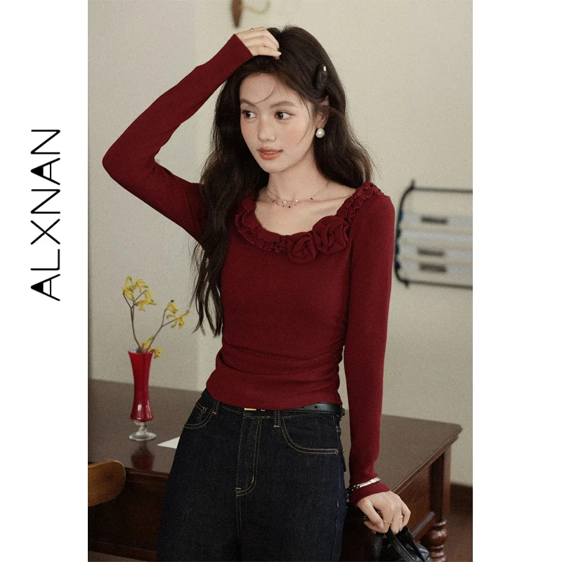 

ALXNAN Vintage Red T-shirt Women's Autumn Long Sleeve 3d Flower Design T-shirts 2025 Autumn Casual Slim-fit Cotton Tops L56958
