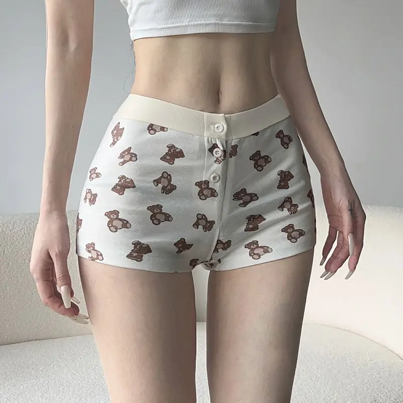 Short imprimé ours avec bouton pour femme, épissage, maison, décontracté, doux, épicé, sexy, ventre exposé, nouveau, pantalon chaud, été, 2024