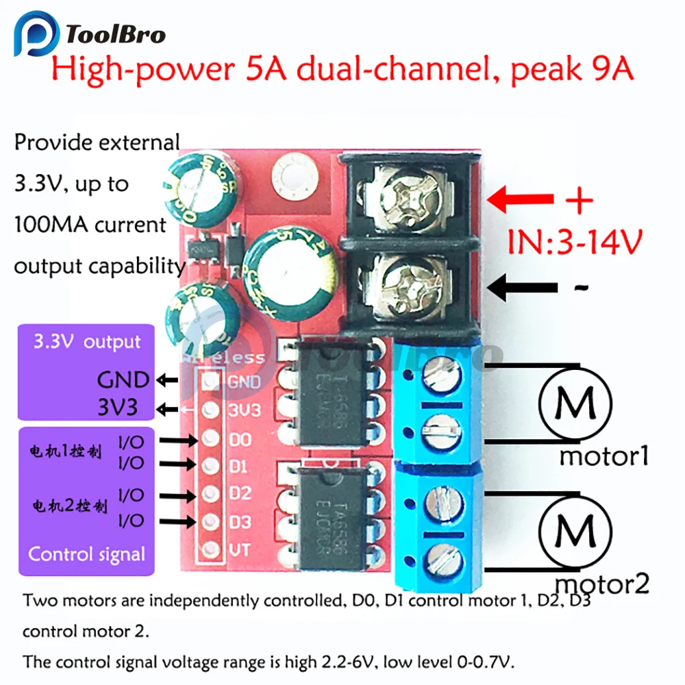 5A Dual Motor Driver Module DC 3-14V PWM Motor Speed Controller Reverse High Low Level Control Dimmer for Relay LED Strip Light