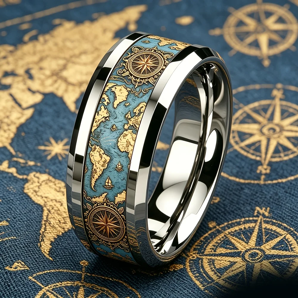 Vintage Weltkarten-Kompass Ring Retro Ozean-Thema Herren Edelstahlring Hochglanzpoliert Nautischer Reisenschmuck Geschenk für Ihn – Detail 4